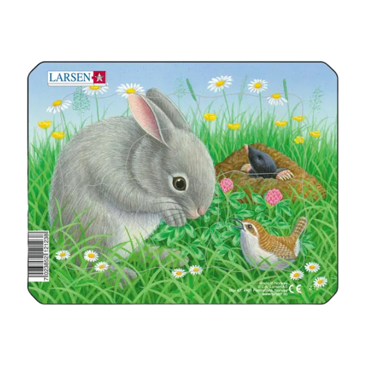 Barnpussel med 5 bitar som föreställer en kanin i grönt gräs och blommor som tittar på en liten fågel. I bakgrunden skymtar en mullvad som sticker upp huvudet ur ett hål i marken.