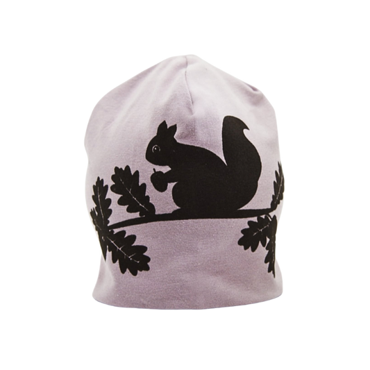 Rosa trikåmössa med en ekorre som äter ekollon - By Lelou